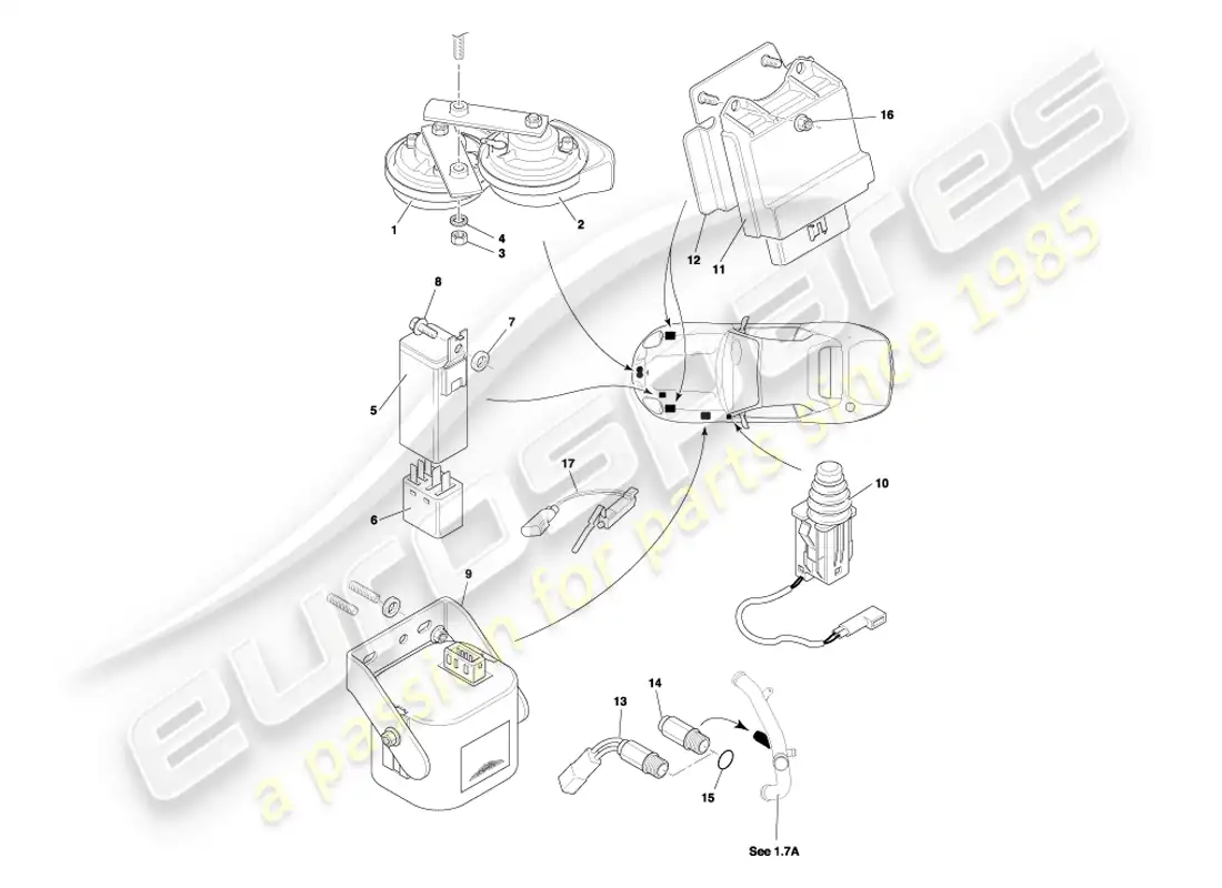 aston martin db7 vantage (2003) diagrama de piezas de los componentes debajo del capó