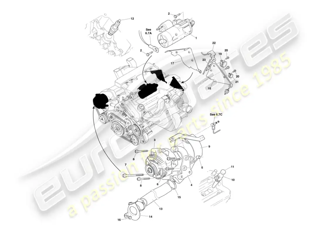 aston martin vanquish (2003) componentes eléctricos del motor diagrama de piezas
