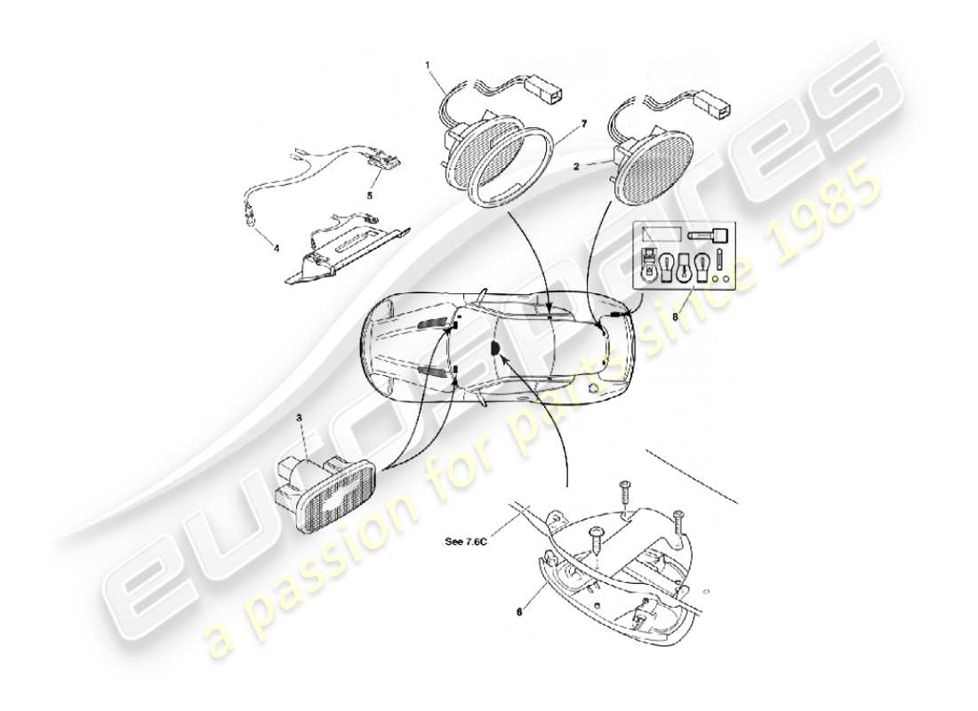 aston martin vanquish (2006) lámparas y bombillas interiores diagrama de piezas