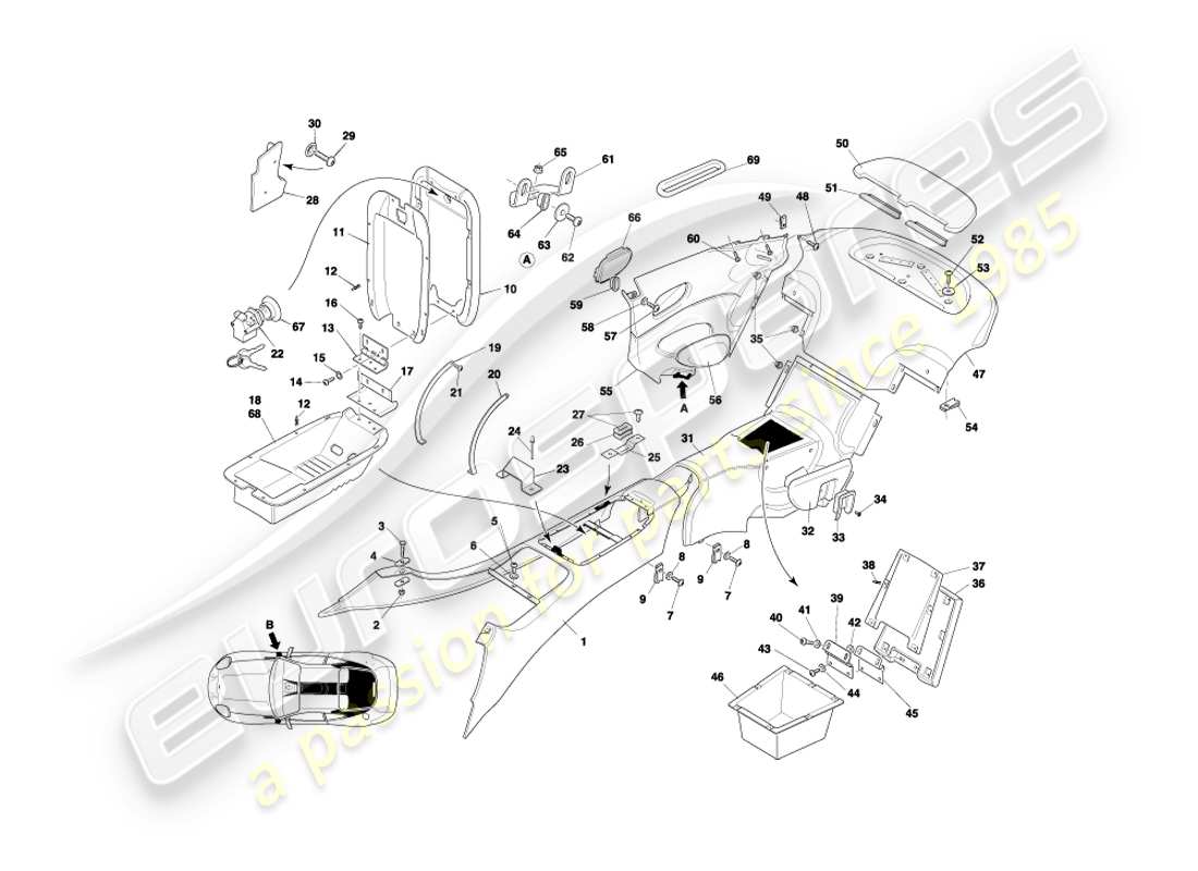 aston martin db7 vantage (2000) consola central y molduras, diagrama de piezas del cupé