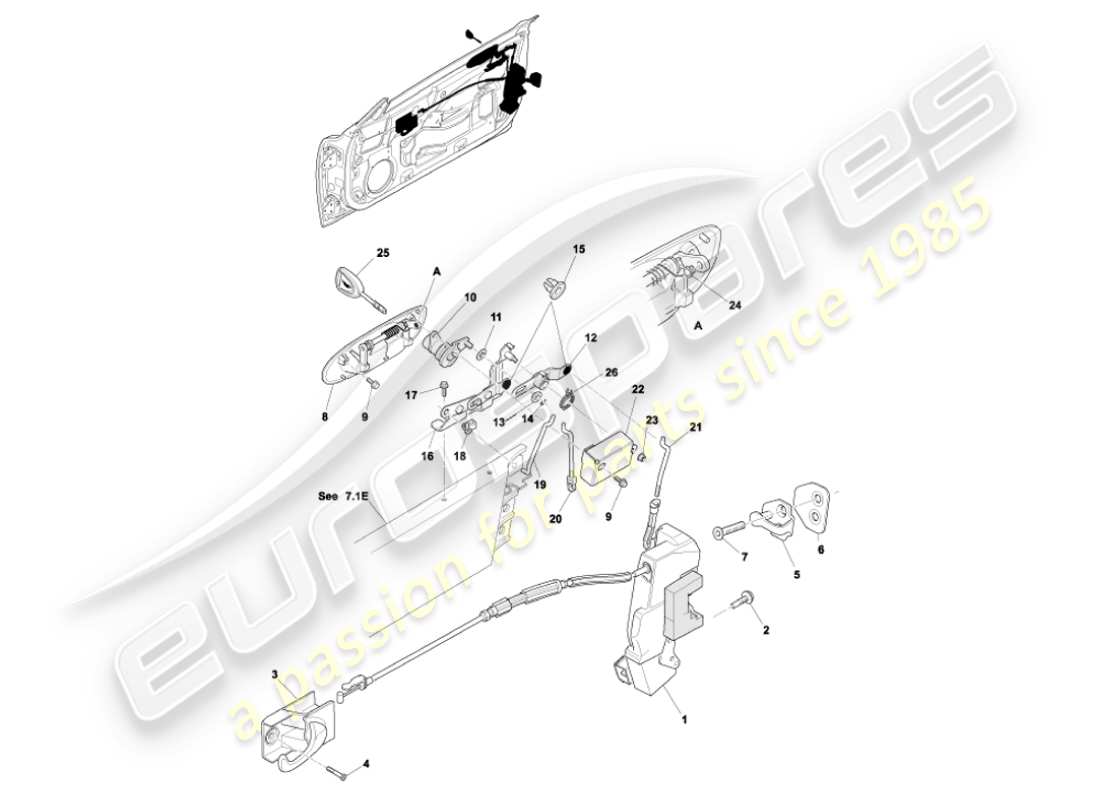 aston martin vanquish (2003) diagrama de piezas del mecanismo de pestillo de puerta