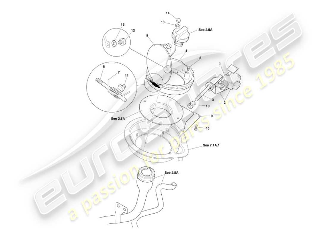 aston martin vanquish (2003) diagrama de piezas del mecanismo de trampilla de combustible