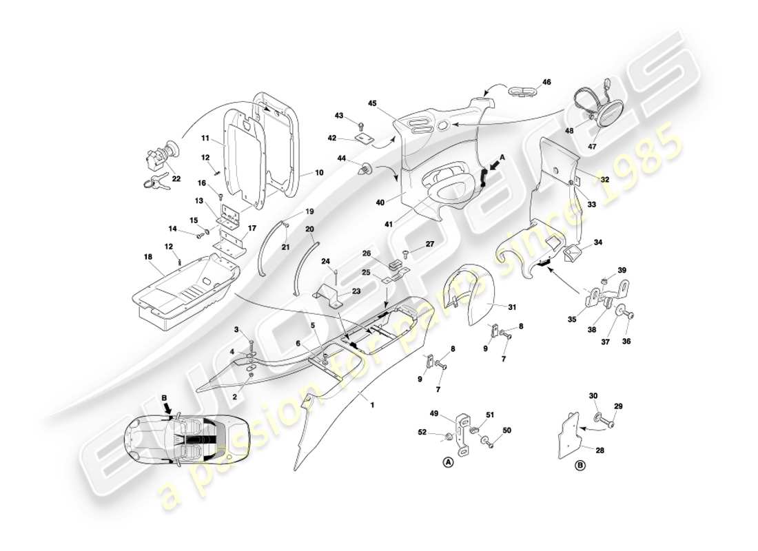 aston martin db7 vantage (2000) consola central y molduras, diagrama de piezas de volante