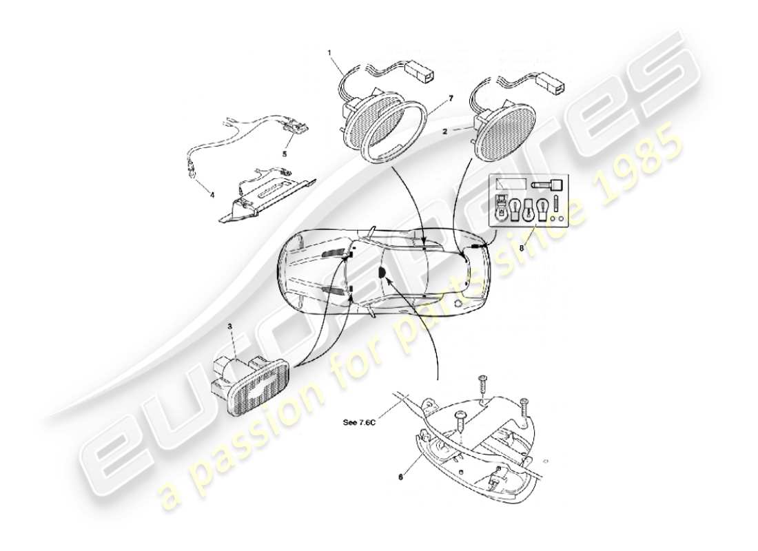 aston martin vanquish (2004) lámparas y bombillas interiores diagrama de piezas