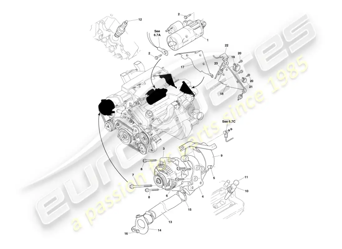 aston martin vanquish (2006) componentes eléctricos del motor diagrama de piezas