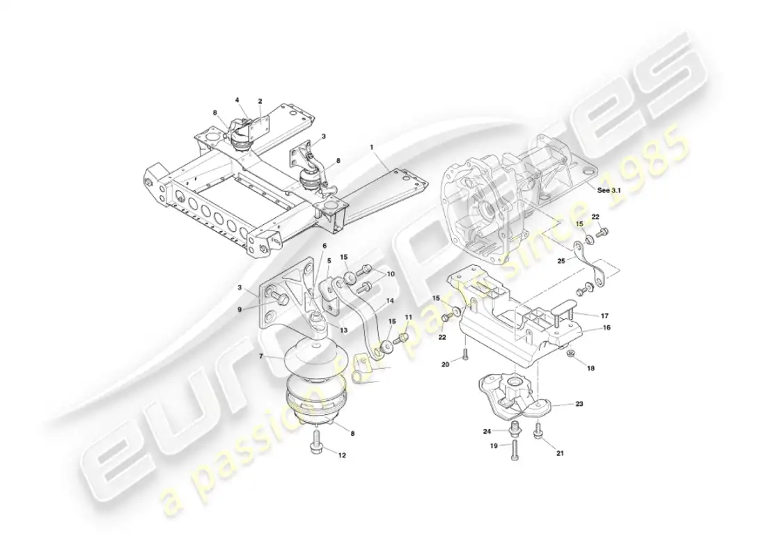 aston martin vanquish (2005) soportes del motor diagrama de piezas