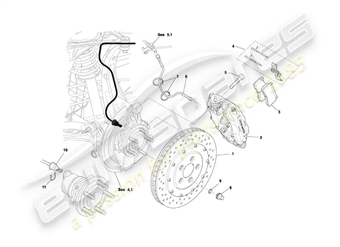 aston martin vanquish (2007) diagrama de piezas de frenos delanteros