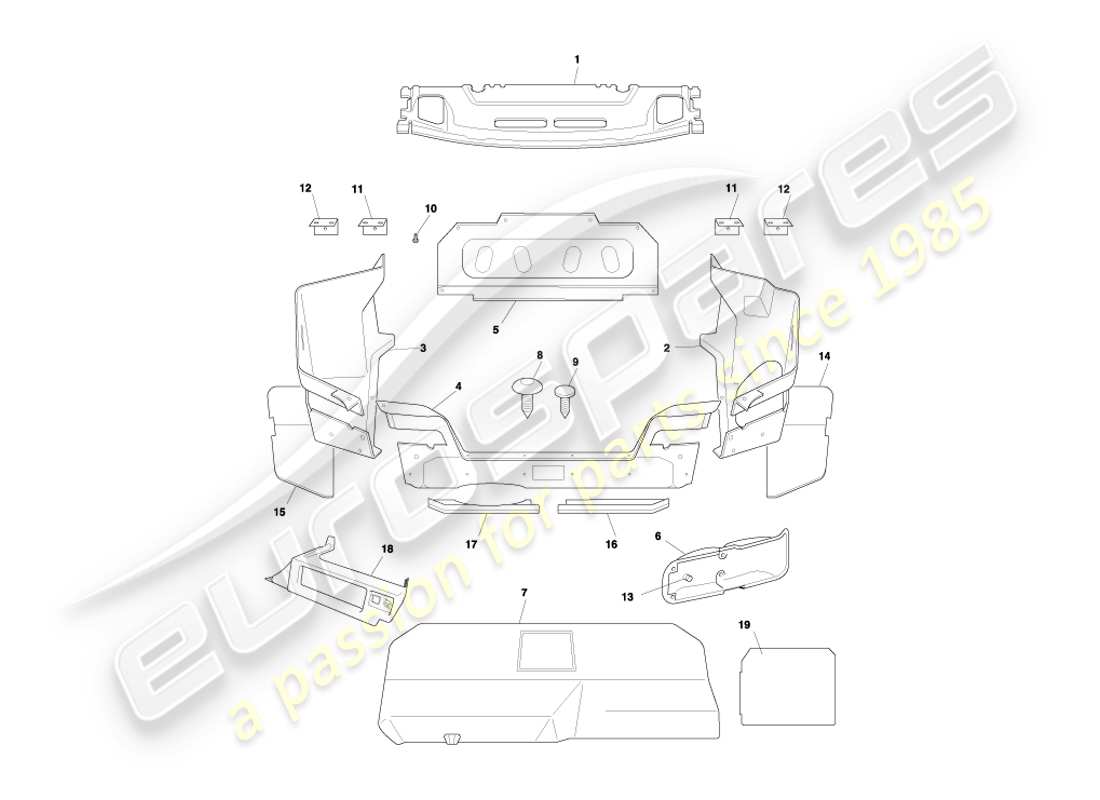 aston martin db7 vantage (2000) diagrama de piezas de la carcasa del maletero y las alfombrillas del cupé