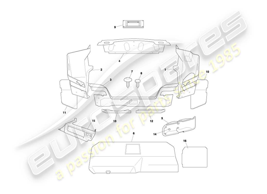 aston martin db7 vantage (2000) diagrama de piezas de la carcasa del maletero y las alfombrillas del volante