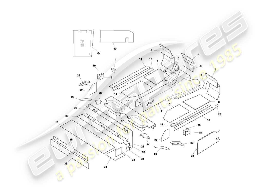 aston martin db7 vantage (2000) diagrama de piezas de insonorización volante