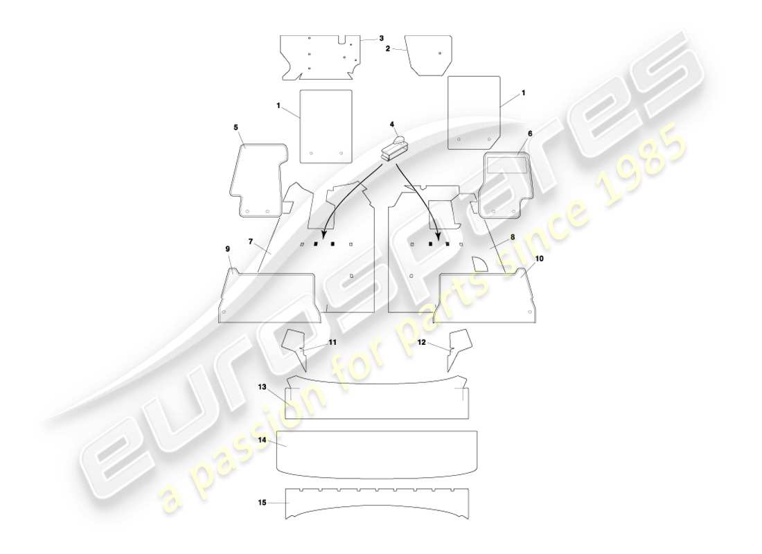 aston martin db7 vantage (2000) diagrama de piezas de alfombras volante