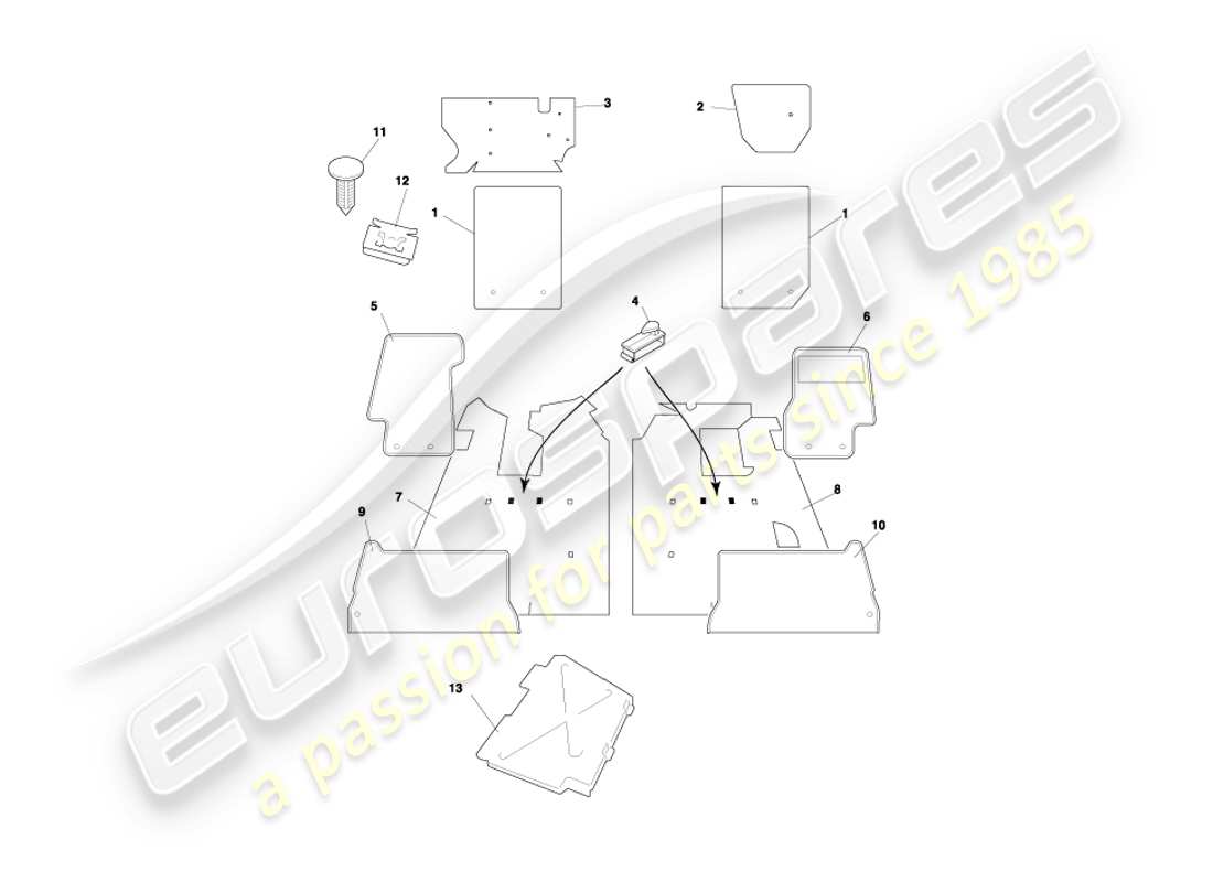 aston martin db7 vantage (2000) diagrama de piezas de alfombras cupé