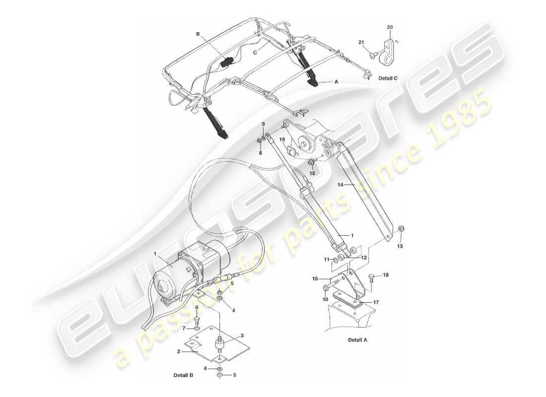 aston martin v8 virage (1999) sistema hidráulico del capó diagrama de piezas