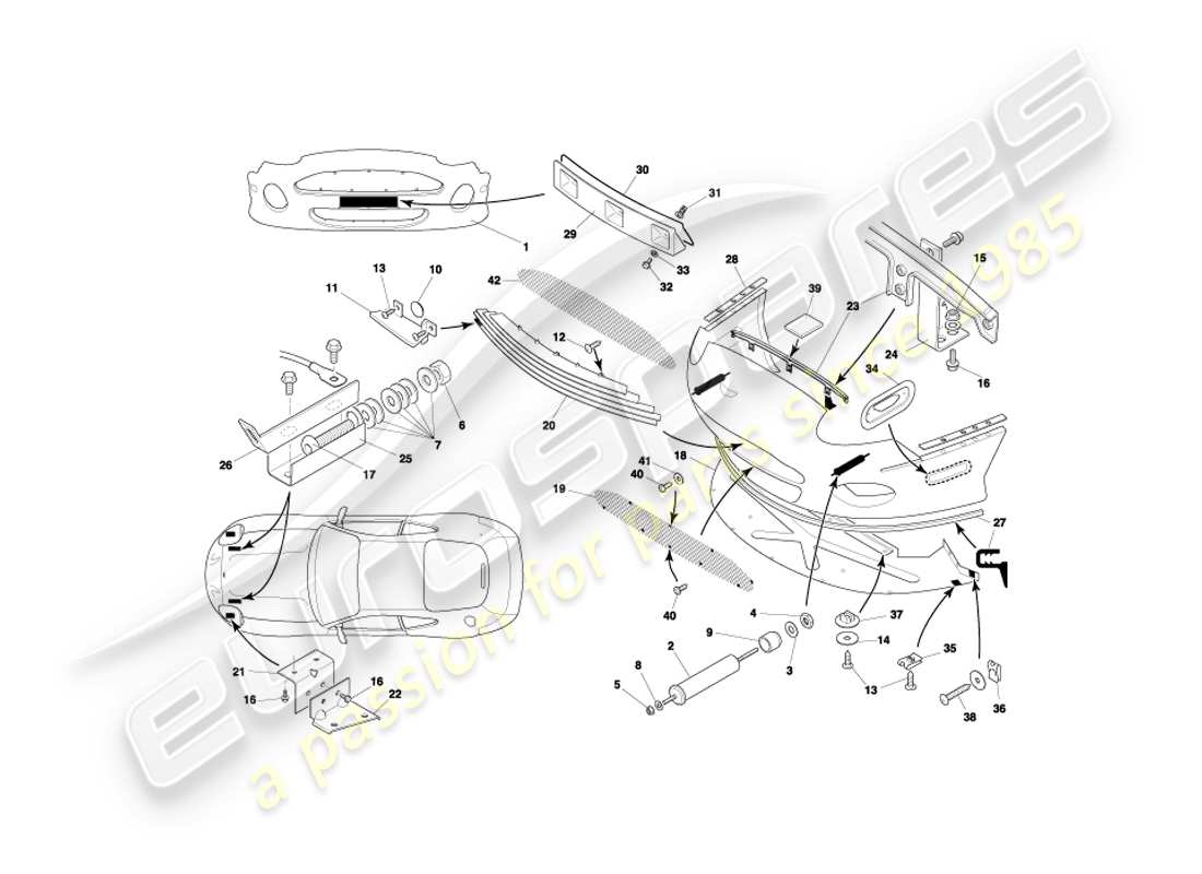 aston martin db7 vantage (2000) diagrama de piezas del parachoques delantero y faldón