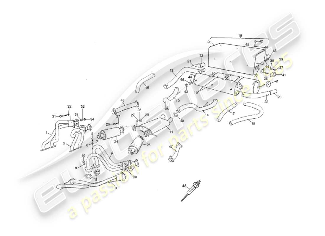 aston martin v8 virage (1999) sistema de escape, diagrama de piezas de los primeros automóviles