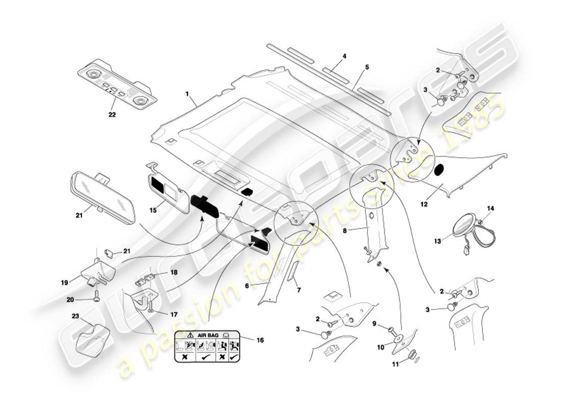 aston martin db7 vantage (2002) diagrama de piezas del revestimiento superior y del revestimiento del techo del cupé