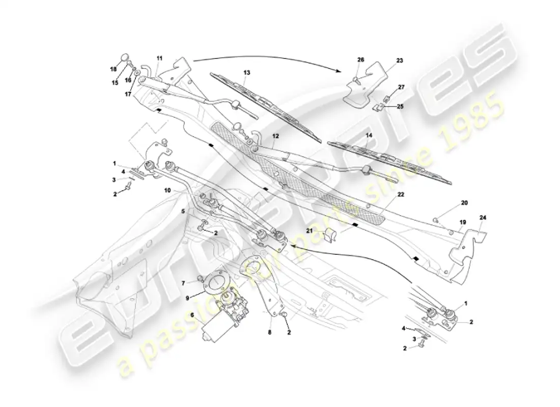 aston martin vanquish (2007) diagrama de piezas de limpiaparabrisas