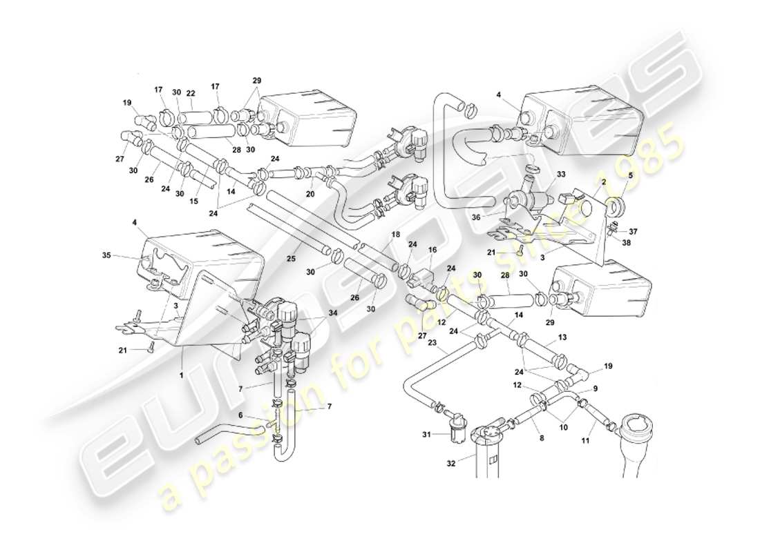 aston martin db7 vantage (2004) sistema de emisión evaporativa, diagrama de piezas federal