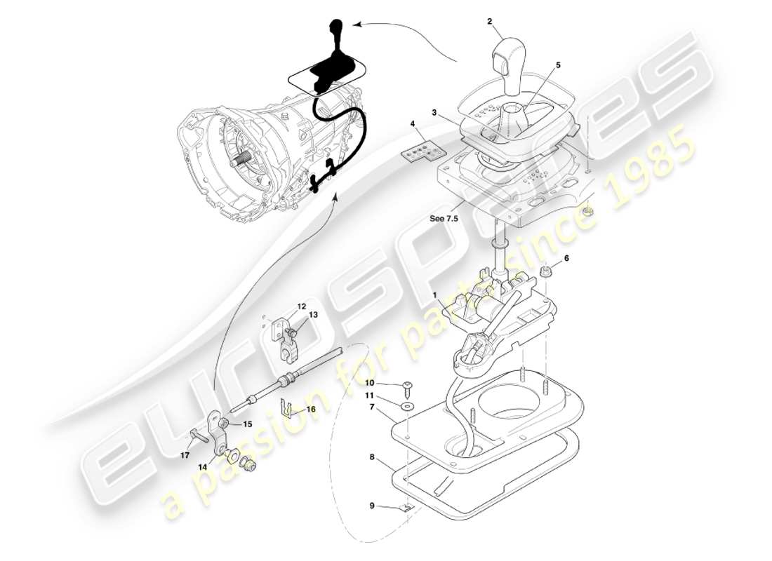 aston martin db7 vantage (2002) transmisión touchtronic, diagrama de piezas del conjunto del selector de marchas
