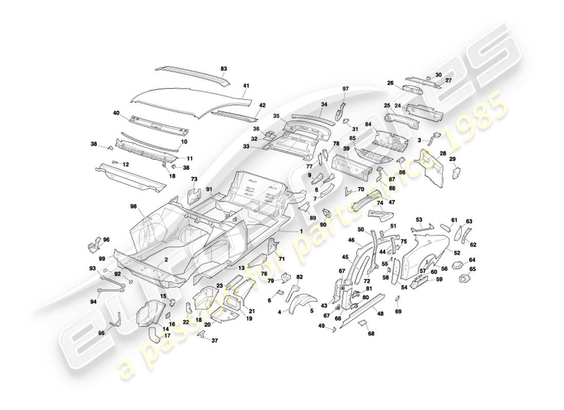 aston martin db7 vantage (2001) paneles de carrocería, diagrama de piezas del cupé