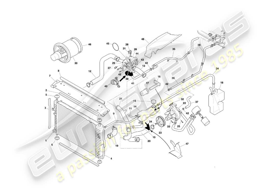 aston martin db7 vantage (2001) diagrama de piezas del sistema de refrigeración por agua