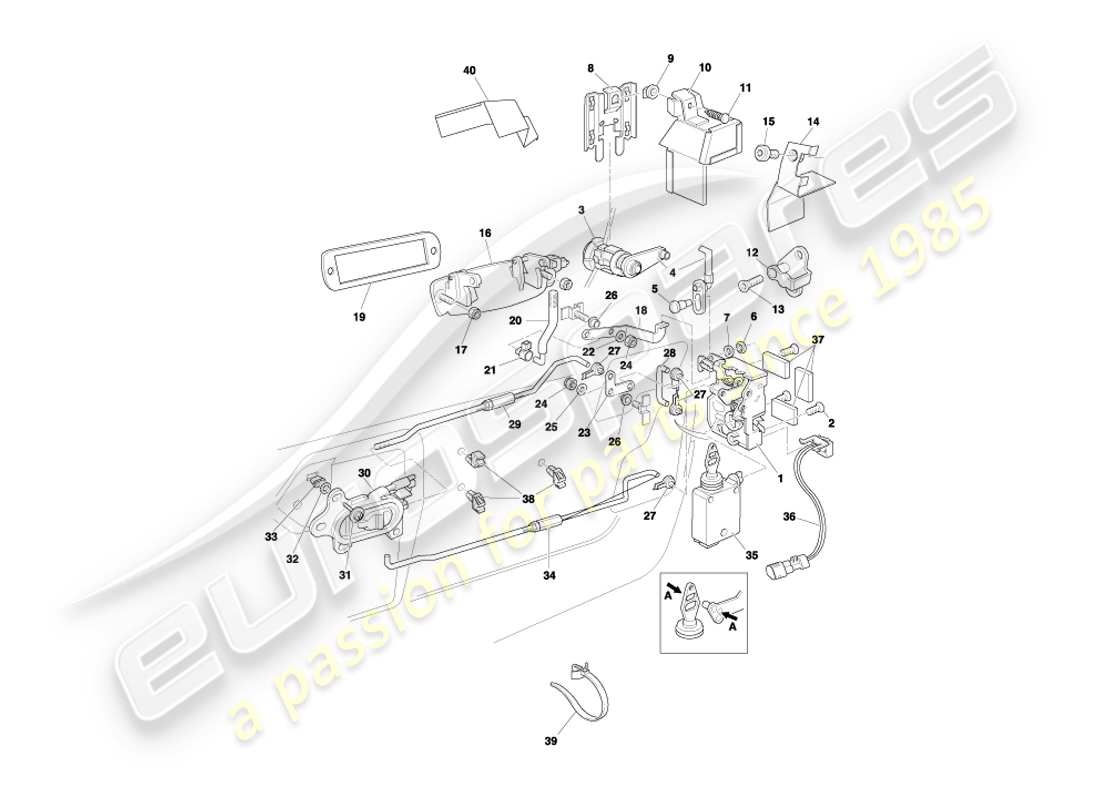 aston martin db7 vantage (2001) diagrama de piezas del mecanismo de pestillo de puerta
