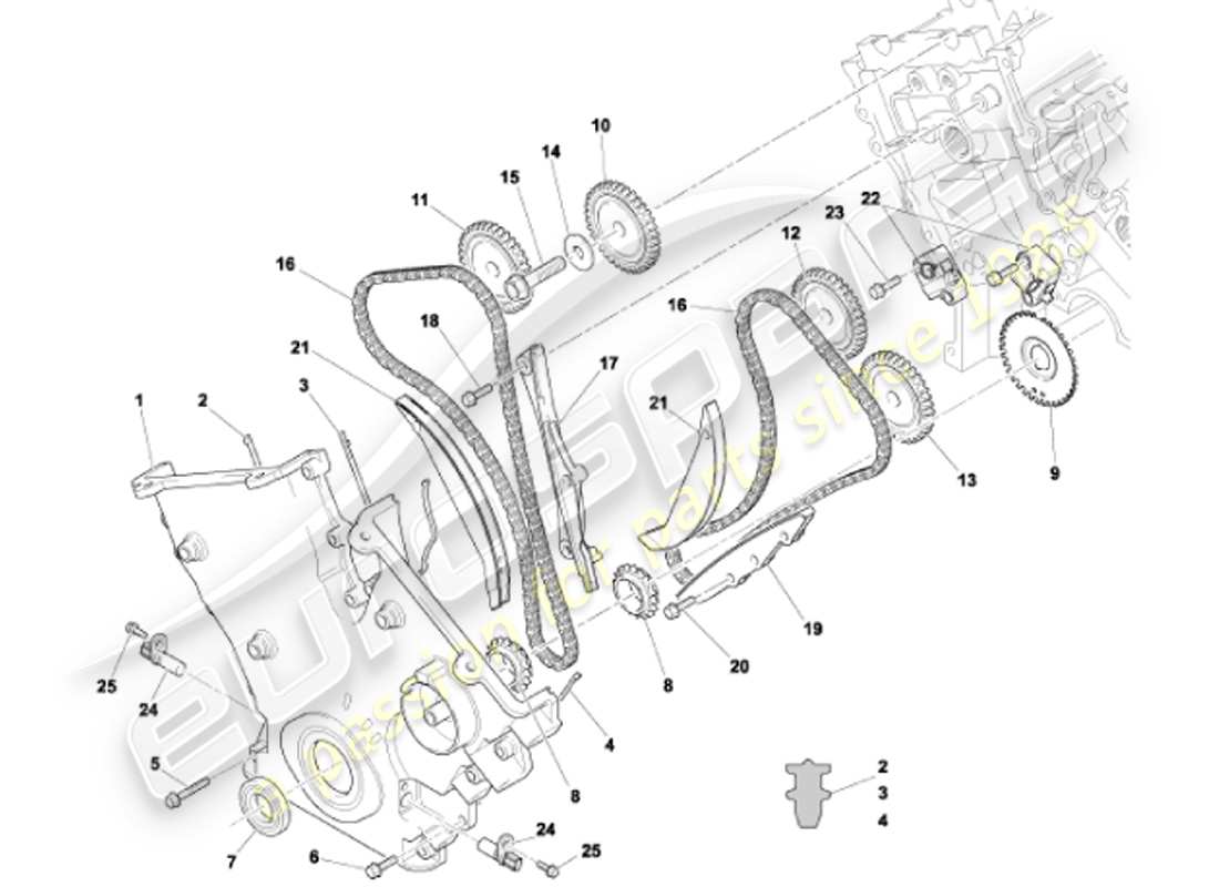aston martin vanquish (2001) diagrama de piezas de cubierta frontal, cadenas y piñones