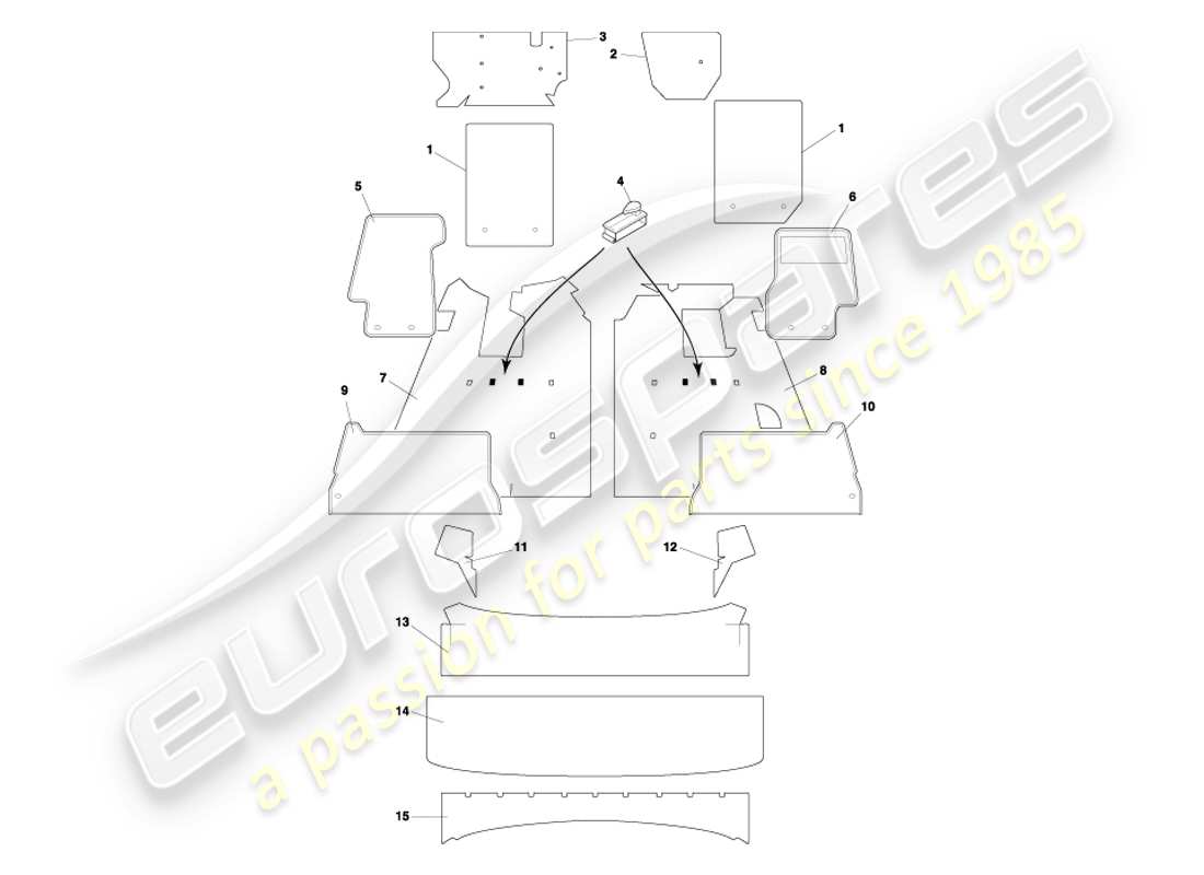 aston martin db7 vantage (2002) diagrama de piezas de alfombras volante