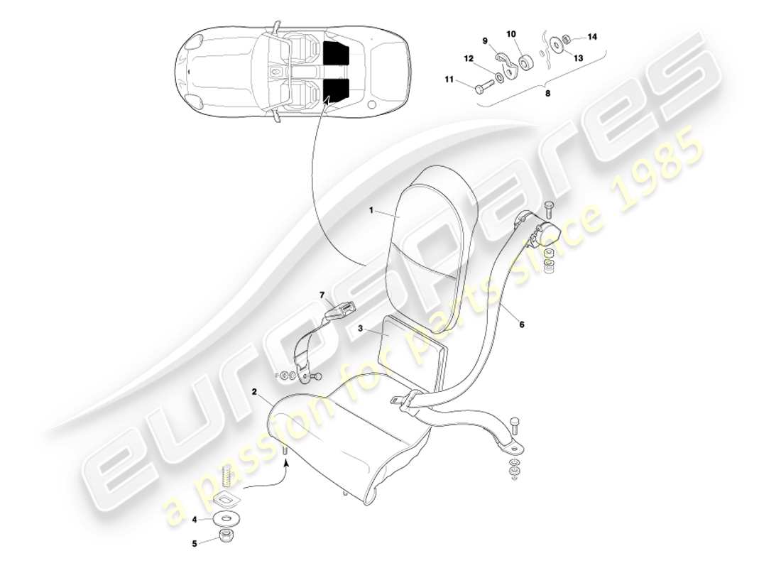aston martin db7 vantage (2002) diagrama de piezas de asientos y cinturones traseros