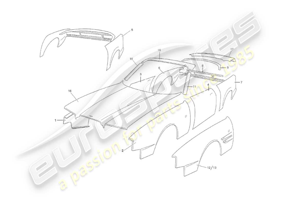 aston martin v8 virage (1999) paneles de carrocería, diagrama de piezas de volante
