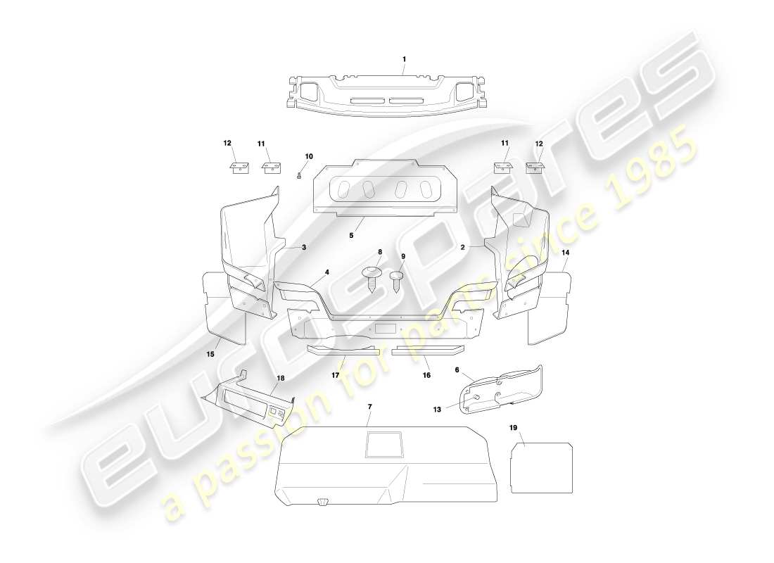aston martin db7 vantage (2002) diagrama de piezas de la carcasa del maletero y las alfombrillas del cupé