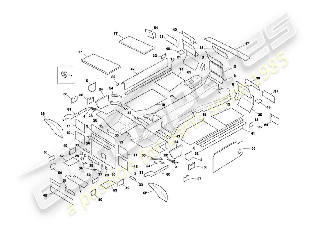 aston martin db7 vantage (2002) diagrama de piezas de insonorización del cupé