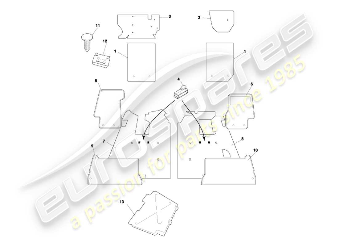aston martin db7 vantage (2002) diagrama de piezas de alfombras cupé