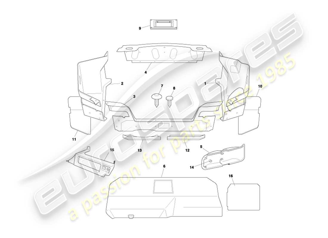 aston martin db7 vantage (2002) diagrama de piezas de la carcasa del maletero y las alfombrillas del volante