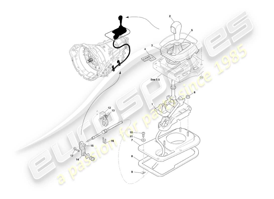 aston martin db7 vantage (2000) transmisión touchtronic, diagrama de piezas del conjunto del selector de marchas