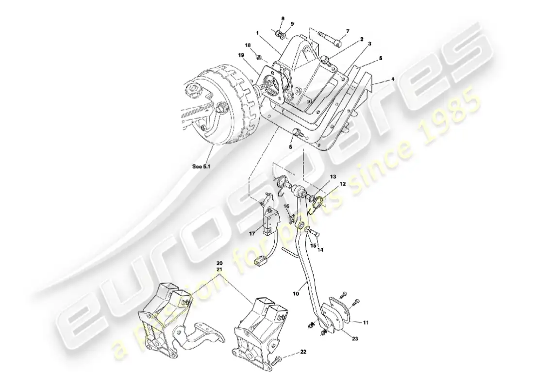 aston martin vanquish (2007) diagrama de piezas del engranaje del pedal