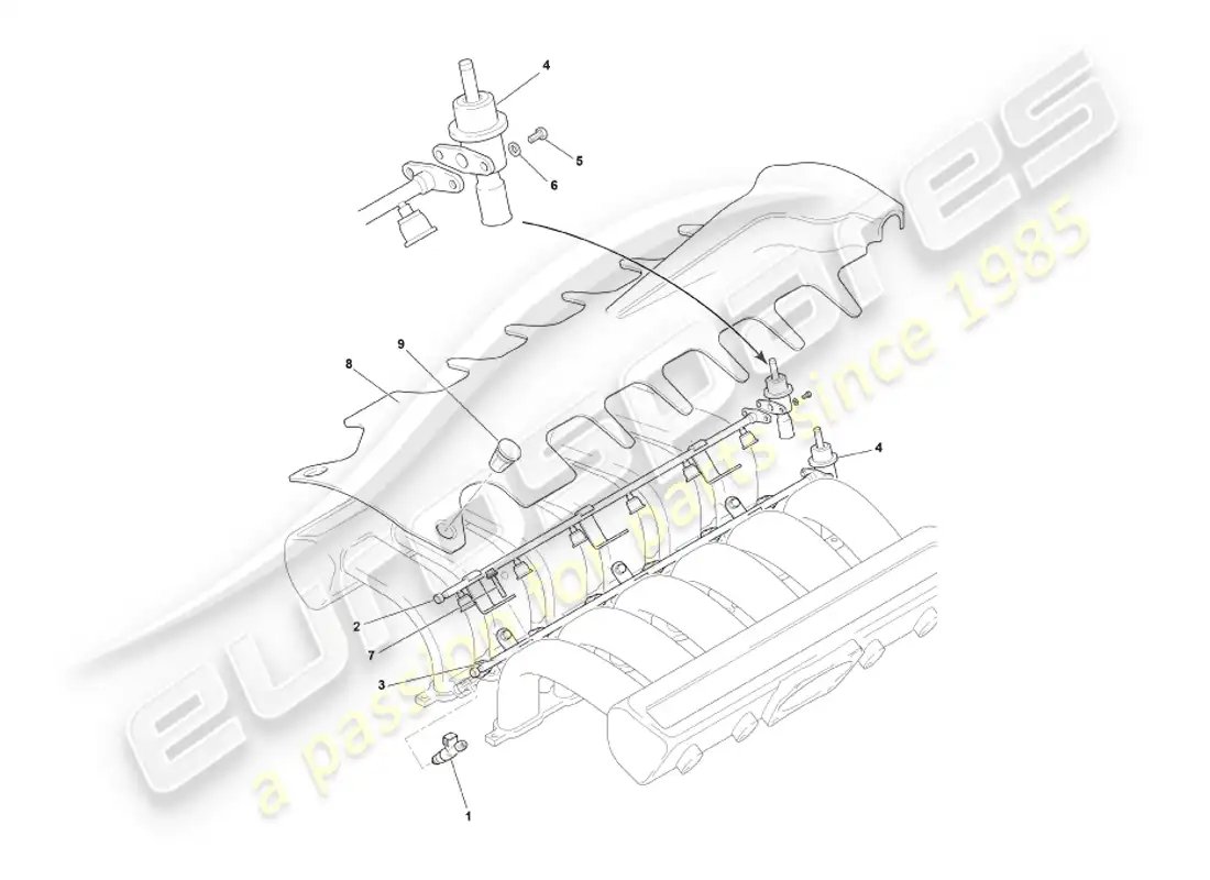 aston martin db7 vantage (2003) diagrama de piezas de inyectores y rieles de combustible