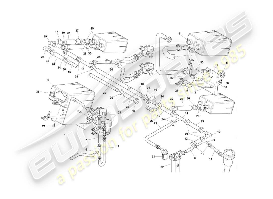 aston martin db7 vantage (2003) sistema de emisión evaporativa, diagrama de piezas federal