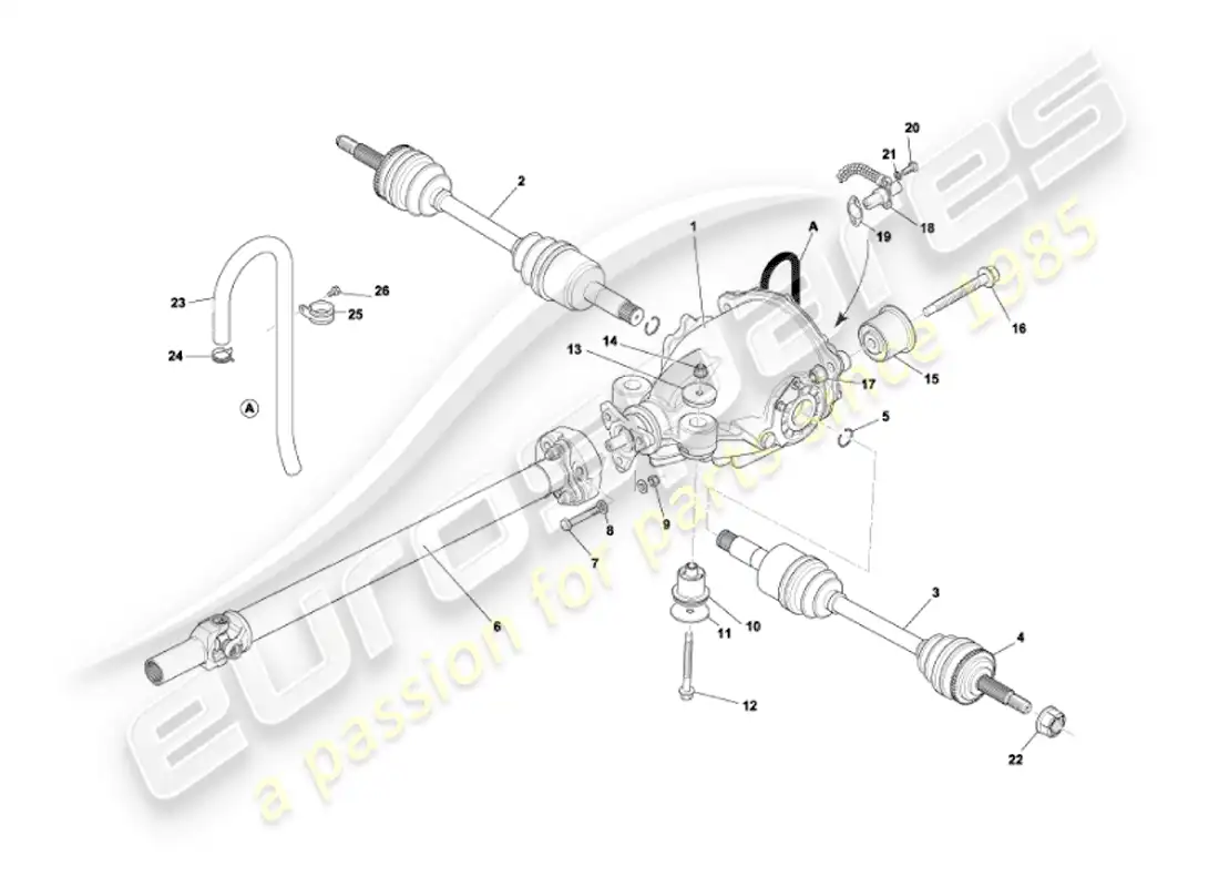 aston martin vanquish (2007) diagrama de piezas de conjunto de diferencial, transmisión y ejes de transmisión