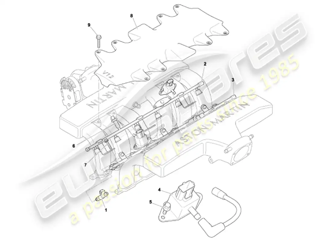 aston martin vanquish (2001) diagrama de piezas de inyectores y rieles de combustible