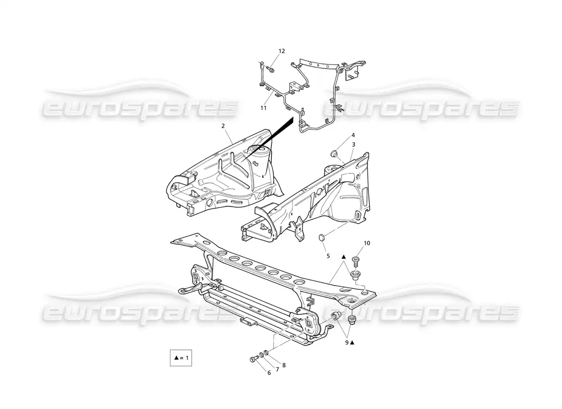 maserati qtp v8 evoluzione carrocería: diagrama de piezas del panel frontal y los pasos de rueda interiores