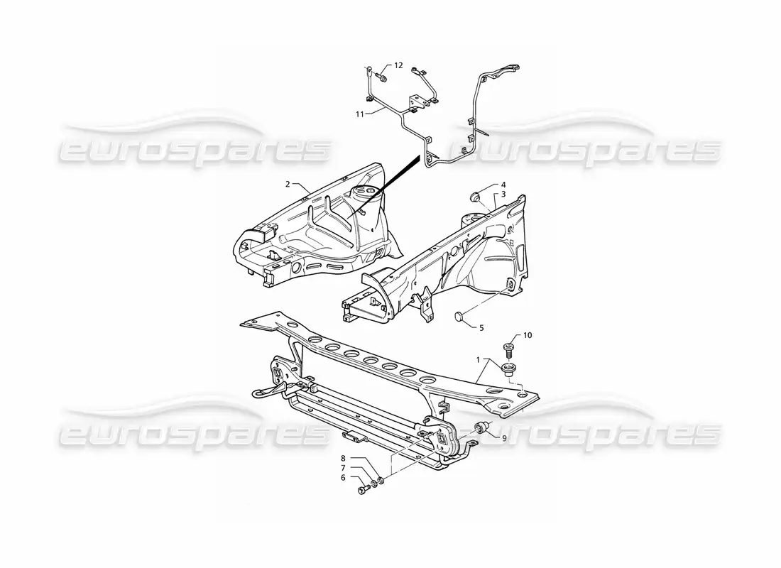 maserati qtp v8 (1998) carrocería: diagrama de piezas del panel frontal y los pasos de rueda interiores