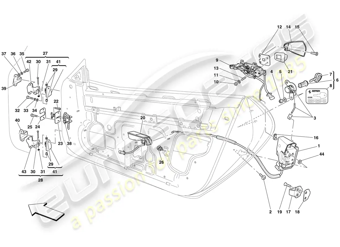 ferrari 599 gto (usa) puertas - mecanismo de apertura y bisagras diagrama de piezas