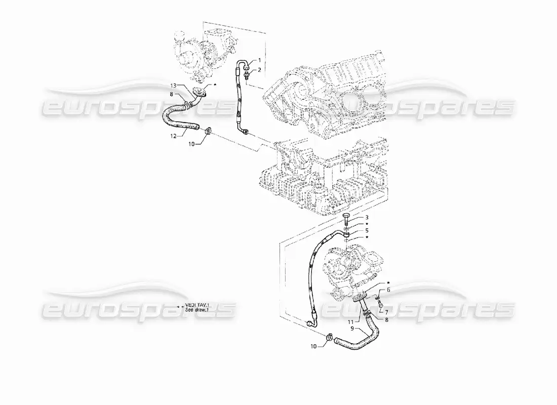 maserati qtp v8 (1998) lubricación de turbosopladores diagrama de piezas