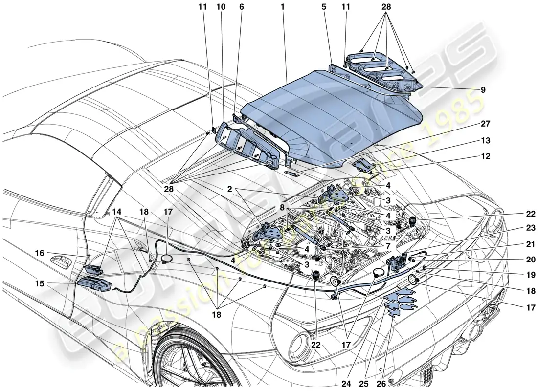 ferrari 488 spider (rhd) tapa del compartimiento del motor y mecanismo de liberación diagrama de piezas