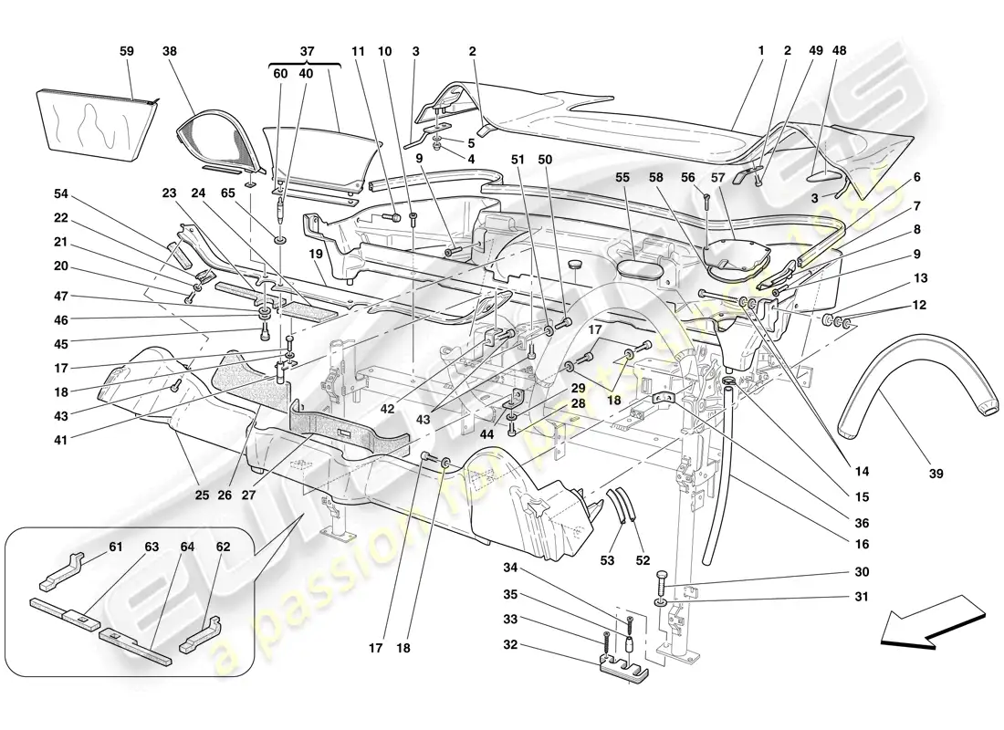 ferrari f430 scuderia (europe) moldura de techo y tina contenedora diagrama de piezas