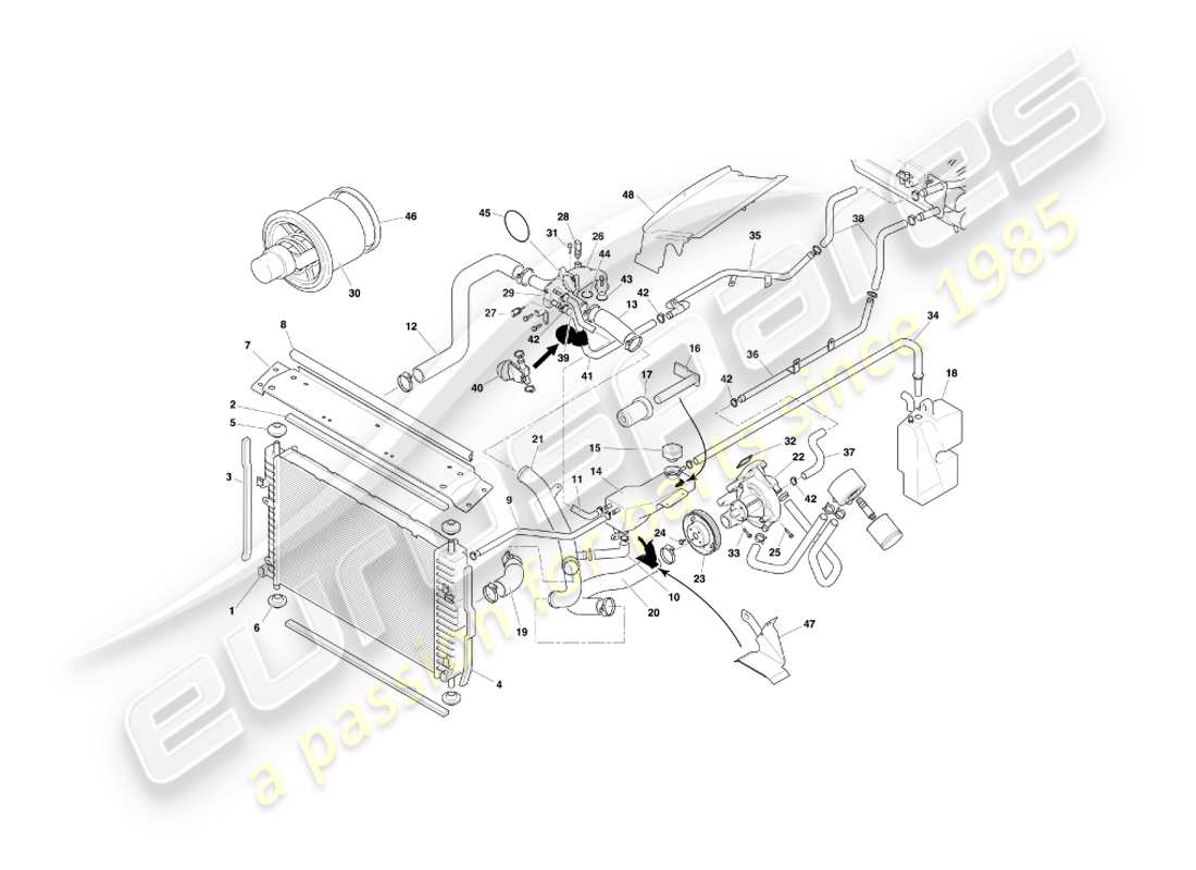 aston martin db7 vantage (1999) diagrama de piezas del sistema de refrigeración por agua