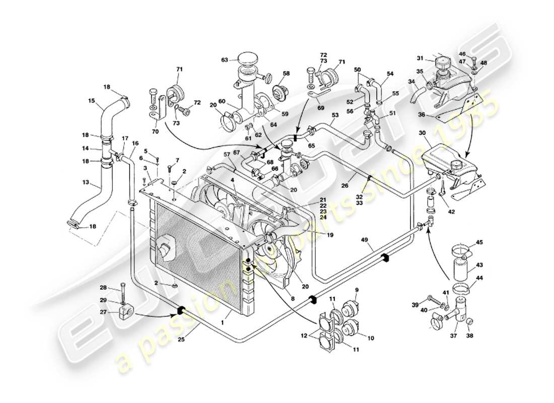 aston martin v8 volante (2000) sistema de refrigeración por agua diagrama de piezas