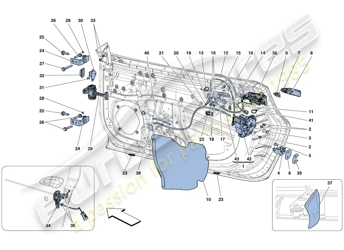ferrari 488 gtb (rhd) puertas - mecanismos de apertura y bisagras diagrama de piezas
