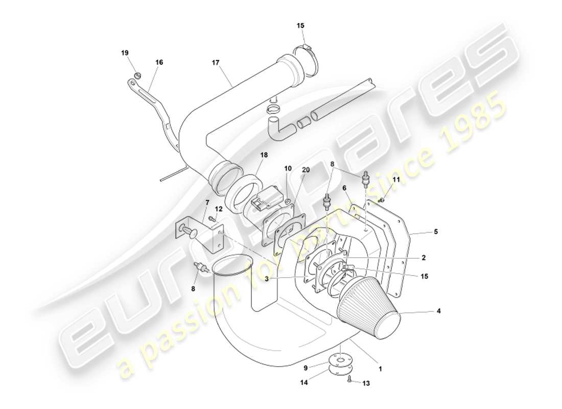 aston martin db7 vantage (1999) diagrama de piezas del filtro de aire y sensor maf